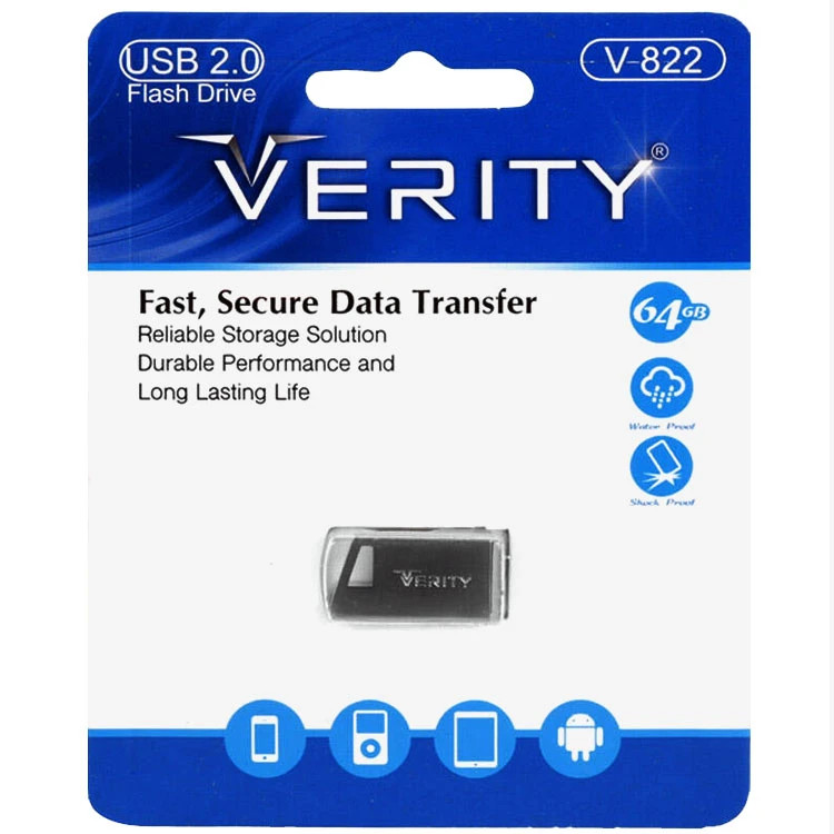 فلش مموری وریتی مدل V-819 ظرفیت 64 گیگابایت با بدنه فلزی، رابط USB 2.0 Type-A، سرعت انتقال 30 مگابایت بر ثانیه و سازگار با گوشی، کامپیوتر، لپتاپ، تلویزیون و تبلت