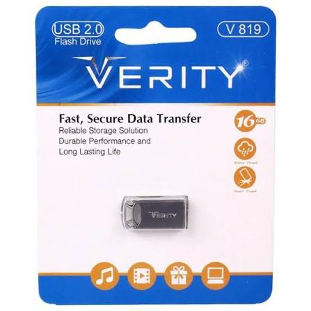 فلش مموری وریتی مدل V-819 ظرفیت 16 گیگابایت بند انگشتی با بدنه فلزی، رابط USB 2.0 و سرعت انتقال 30 مگابایت بر ثانیه، سازگار با کامپیوتر، لپ‌تاپ، موبایل، تبلت و تلویزیون